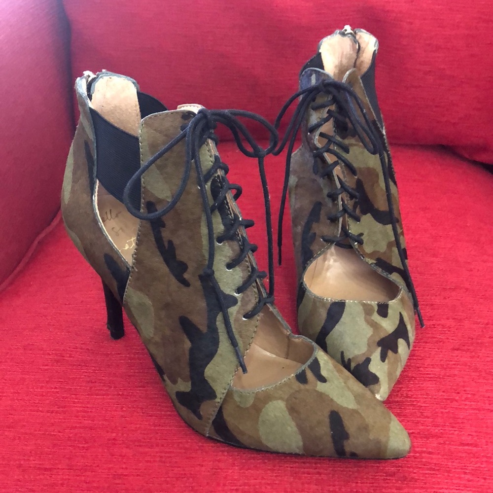 Banana Republic camo pony hair stiletto booties